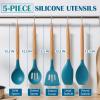 E-far Silicone Cooking Utensils Set, 10-Piece Heat Resistant Kitchen Utensils Set with Wooden Handle for Nonstick Cookware, Kitchen Nonstick Tools Spatula Whisk Tongs Ladle, Non-toxic & Healthy(Khaki)(Navy Blue)