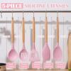 E-far Silicone Cooking Utensils Set, 10-Piece Heat Resistant Kitchen Utensils Set with Wooden Handle for Nonstick Cookware, Kitchen Nonstick Tools Spatula Whisk Tongs Ladle, Non-toxic & Healthy(Khaki)(Pink)