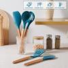 E-far Silicone Cooking Utensils Set, 10-Piece Heat Resistant Kitchen Utensils Set with Wooden Handle for Nonstick Cookware, Kitchen Nonstick Tools Spatula Whisk Tongs Ladle, Non-toxic & Healthy(Khaki)(Navy Blue)