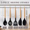 E-far Silicone Cooking Utensils Set, 10-Piece Heat Resistant Kitchen Utensils Set with Wooden Handle for Nonstick Cookware, Kitchen Nonstick Tools Spatula Whisk Tongs Ladle, Non-toxic & Healthy(Khaki)(Black)