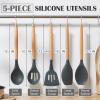 E-far Silicone Cooking Utensils Set, 10-Piece Heat Resistant Kitchen Utensils Set with Wooden Handle for Nonstick Cookware, Kitchen Nonstick Tools Spatula Whisk Tongs Ladle, Non-toxic & Healthy(Khaki)(Gray)