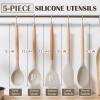 E-far Silicone Cooking Utensils Set, 10-Piece Heat Resistant Kitchen Utensils Set with Wooden Handle for Nonstick Cookware, Kitchen Nonstick Tools Spatula Whisk Tongs Ladle, Non-toxic & Healthy(Khaki)(Khaki)