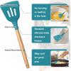 E-far Silicone Cooking Utensils Set, 10-Piece Heat Resistant Kitchen Utensils Set with Wooden Handle for Nonstick Cookware, Kitchen Nonstick Tools Spatula Whisk Tongs Ladle, Non-toxic & Healthy(Khaki)(Navy Blue)