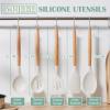 E-far Silicone Cooking Utensils Set, 10-Piece Heat Resistant Kitchen Utensils Set with Wooden Handle for Nonstick Cookware, Kitchen Nonstick Tools Spatula Whisk Tongs Ladle, Non-toxic & Healthy(Khaki)(White)