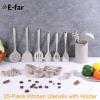 E-far Silicone Cooking Utensils Set, 25 Piece Kitchen Utensils with Holder, Non Toxic Kitchen Tools Spatula, Turner, Spoon, Ladle for Nonstick Cookware, Heat Resistant & Dishwasher Safe – Black(Khaki)