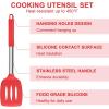 E-far Silicone Cooking Utensils Set, 7 Pcs Heat Resistant Kitchen Utensils with Stainless Steel Handle, Slotted Turner, Spoon, Soup Ladle, Pasta Server, Skimmer, Tongs for Nonstick Cookware, Black(Red)