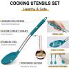 E-far Silicone Cooking Utensils Set, 7 Pcs Heat Resistant Kitchen Utensils with Stainless Steel Handle, Slotted Turner, Spoon, Soup Ladle, Pasta Server, Skimmer, Tongs for Nonstick Cookware, Black(Blue)