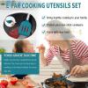 E-far Silicone Cooking Utensils Set, 7 Pcs Heat Resistant Kitchen Utensils with Stainless Steel Handle, Slotted Turner, Spoon, Soup Ladle, Pasta Server, Skimmer, Tongs for Nonstick Cookware, Black(Blue)