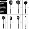 E-far Silicone Cooking Utensils Set, 7 Pcs Heat Resistant Kitchen Utensils with Stainless Steel Handle, Slotted Turner, Spoon, Soup Ladle, Pasta Server, Skimmer, Tongs for Nonstick Cookware, Black(Black)