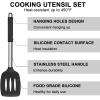E-far Silicone Cooking Utensils Set, 7 Pcs Heat Resistant Kitchen Utensils with Stainless Steel Handle, Slotted Turner, Spoon, Soup Ladle, Pasta Server, Skimmer, Tongs for Nonstick Cookware, Black(Black)