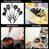 E-far Silicone Cooking Utensils Set, 7 Pcs Heat Resistant Kitchen Utensils with Stainless Steel Handle, Slotted Turner, Spoon, Soup Ladle, Pasta Server, Skimmer, Tongs for Nonstick Cookware, Black(Black)