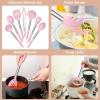 E-far Silicone Cooking Utensils Set, 7 Pcs Heat Resistant Kitchen Utensils with Stainless Steel Handle, Slotted Turner, Spoon, Soup Ladle, Pasta Server, Skimmer, Tongs for Nonstick Cookware, Black(Pink)