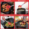 E-far Silicone Cooking Utensils Set, 7 Pcs Heat Resistant Kitchen Utensils with Stainless Steel Handle, Slotted Turner, Spoon, Soup Ladle, Pasta Server, Skimmer, Tongs for Nonstick Cookware, Black(Red)