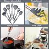 E-far Silicone Cooking Utensils Set, 7 Pcs Heat Resistant Kitchen Utensils with Stainless Steel Handle, Slotted Turner, Spoon, Soup Ladle, Pasta Server, Skimmer, Tongs for Nonstick Cookware, Black(Gray)