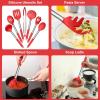 E-far Silicone Cooking Utensils Set, 7 Pcs Heat Resistant Kitchen Utensils with Stainless Steel Handle, Slotted Turner, Spoon, Soup Ladle, Pasta Server, Skimmer, Tongs for Nonstick Cookware, Black(Red)