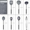 E-far Silicone Cooking Utensils Set, 7 Pcs Heat Resistant Kitchen Utensils with Stainless Steel Handle, Slotted Turner, Spoon, Soup Ladle, Pasta Server, Skimmer, Tongs for Nonstick Cookware, Black(Gray)