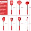 E-far Silicone Cooking Utensils Set, 7 Pcs Heat Resistant Kitchen Utensils with Stainless Steel Handle, Slotted Turner, Spoon, Soup Ladle, Pasta Server, Skimmer, Tongs for Nonstick Cookware, Black(Red)