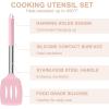 E-far Silicone Cooking Utensils Set, 7 Pcs Heat Resistant Kitchen Utensils with Stainless Steel Handle, Slotted Turner, Spoon, Soup Ladle, Pasta Server, Skimmer, Tongs for Nonstick Cookware, Black(Pink)