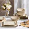 E-far Square Plates and Bowls Sets, 12-Piece Stoneware Dinnerware Sets for 4, Reactive Glaze Dish Set, Chip and Scratch Resistant, Microwave and Dishwasher Safe, Deep Sea Blue(Sandy Beige)