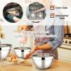 E-far Stainless Steel Mixing Bowls with Airtight Lids, 7-Piece Metal Nesting Bowls with Black Lids for Saving Storage Space, Size 7, 4.6, 3, 2, 1.5, 1, 0.7QT, Great for Baking/Cooking/Prepping(Khaki)