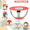 E-far Stainless Steel Mixing Bowls with Lids Set, 5-Piece Nesting Salad Bowls with 3 Grater Attachments and Non-Slip Bottoms, Size 4.6, 2.6, 2, 1.5, 1QT for Kitchen (Black)(Red)