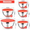 E-far Stainless Steel Mixing Bowls with Lids Set, 5-Piece Nesting Salad Bowls with 3 Grater Attachments and Non-Slip Bottoms, Size 4.6, 2.6, 2, 1.5, 1QT for Kitchen (Black)(Red)