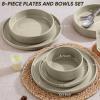 E-far Stoneware Dinnerware Sets for 4, 12-Piece Reactive Glaze Plates and Bowls Sets, Kitchen Ceramic Dishes Dinning Ware, Microwave & Dishwasher Safe, Deep Gray(Deep Khaki)