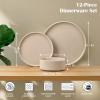 E-far Stoneware Dinnerware Sets for 4, 12-Piece Reactive Glaze Plates and Bowls Sets, Kitchen Ceramic Dishes Dinning Ware, Microwave & Dishwasher Safe, Deep Gray(Bright Khaki)