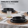 E-far Stoneware Dinnerware Sets for 4, 12-Piece Reactive Glaze Plates and Bowls Sets, Kitchen Ceramic Dishes Dinning Ware, Microwave & Dishwasher Safe, Deep Gray(Matte Black)
