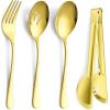12-Piece Large Serving Utensils Set, E-far Stainless Steel 9.8 Inch Serving Slotted Spoons, 9.9 Inch Fork, 9.4 Inch Tong for Buffet Catering Banquet, Mirror Finish & Dishwasher Safe(Gold-8)