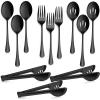 12-Piece Large Serving Utensils Set, E-far Stainless Steel 9.8 Inch Serving Slotted Spoons, 9.9 Inch Fork, 9.4 Inch Tong for Buffet Catering Banquet, Mirror Finish & Dishwasher Safe(Black-12)