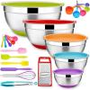 22-Piece Mixing Bowls with Teal Blue Lids & Accessories Set, E-far Stainless Steel Nesting Bowls with Covers & Non-Slip Bottoms, Metal Bowls for Cooking/Baking/Serving/Storage -Size 7/3.5/2.5/1.5/1 QT(Colorful)