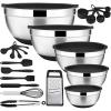 22-Piece Mixing Bowls with Teal Blue Lids & Accessories Set, E-far Stainless Steel Nesting Bowls with Covers & Non-Slip Bottoms, Metal Bowls for Cooking/Baking/Serving/Storage -Size 7/3.5/2.5/1.5/1 QT(Black)