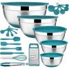 22-Piece Mixing Bowls with Teal Blue Lids & Accessories Set, E-far Stainless Steel Nesting Bowls with Covers & Non-Slip Bottoms, Metal Bowls for Cooking/Baking/Serving/Storage -Size 7/3.5/2.5/1.5/1 QT(Teal Blue)