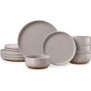 E-far 12-Piece Stoneware Dinnerware Sets, Plates and Bowls Sets for 4, Ceramic Dishware Dishes Set with Terracotta Base, Chip & Scratch Resistant, Microwave & Dishwasher Safe, Speckled White(Warm Taupe)