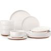 E-far 12-Piece Stoneware Dinnerware Sets, Plates and Bowls Sets for 4, Ceramic Dishware Dishes Set with Terracotta Base, Chip & Scratch Resistant, Microwave & Dishwasher Safe, Speckled White(Whisper White)
