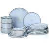 E-far 16 Piece Dinnerware Sets, Plates and Bowls with Pasta Bowls Service for 4, Modern Stoneware Ribbed Dishes for Kitchen Dining, Microwave & Dishwasher Safe, Speckled White(Dusty Blue)