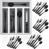 E-far 24-Piece Black Silverware Set with Steak Knives and Organizer Tray, Stainless Steel Flatware Cutlery Service for 4, Tableware Eating Utensils for Home Kitchen, Mirror Polished, Dishwasher Safe