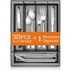 E-far 31-Piece Silverware Set, Stainless Steel Flatware Cutlery Set Service for 4 with Mesh Utensil Drawer Organizer, Include Forks/Spoons/Knives/Steak Knives/Straws, Mirror Polish & Dishwasher Safe(Silver)