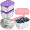 E-far 4-Pack Stainless Steel Snack Containers for Kids | 8oz Reusable Toddler Lunch Box Containers with Leak-Proof Lids for School/Daycare/Travel | Stackable Design & Easy Open, Oven & Dishwasher Safe(Purple & Pink)