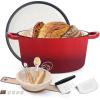E-far 5QT Dutch Oven for Bread Baking, 2-IN-1 Cast Iron Pot with Skillet Lid & Sourdough Starter Kit, Bread Oven Pan with Baking Supplies for Frying, Braising, BBQ, Rust-Free & Heavy Duty(Red)