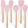 E-far Cooking Utensils Set of 6, Silicone Kitchen Utensils with Wooden Handle, Non-stick Cookware Friendly & Heat Resistant, Includes Spatula/Ladle/Slotted Turner/Serving Spoon/Spaghetti Server(Gray)(Pink)