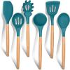 E-far Cooking Utensils Set of 6, Silicone Kitchen Utensils with Wooden Handle, Non-stick Cookware Friendly & Heat Resistant, Includes Spatula/Ladle/Slotted Turner/Serving Spoon/Spaghetti Server(Gray)(Teal Blue)