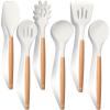 E-far Cooking Utensils Set of 6, Silicone Kitchen Utensils with Wooden Handle, Non-stick Cookware Friendly & Heat Resistant, Includes Spatula/Ladle/Slotted Turner/Serving Spoon/Spaghetti Server(Gray)(White)