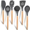 E-far Cooking Utensils Set of 6, Silicone Kitchen Utensils with Wooden Handle, Non-stick Cookware Friendly & Heat Resistant, Includes Spatula/Ladle/Slotted Turner/Serving Spoon/Spaghetti Server(Gray)(Gray)