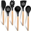 E-far Cooking Utensils Set of 6, Silicone Kitchen Utensils with Wooden Handle, Non-stick Cookware Friendly & Heat Resistant, Includes Spatula/Ladle/Slotted Turner/Serving Spoon/Spaghetti Server(Gray)(Black)