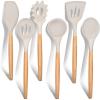 E-far Cooking Utensils Set of 6, Silicone Kitchen Utensils with Wooden Handle, Non-stick Cookware Friendly & Heat Resistant, Includes Spatula/Ladle/Slotted Turner/Serving Spoon/Spaghetti Server(Gray)(Khaki)