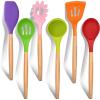 E-far Cooking Utensils Set of 6, Silicone Kitchen Utensils with Wooden Handle, Non-stick Cookware Friendly & Heat Resistant, Includes Spatula/Ladle/Slotted Turner/Serving Spoon/Spaghetti Server(Gray)(Multicolor)