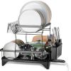 E-far Dish Drying Rack for Kitchen Counter, 2 Tier Small Dish Drainer Drying Rack, 16.7″ x 11.8″ x 13.9″ Metal Organizer with Drainboard and Utensil Holder, Large Capacity & Space Saving, Black