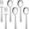 E-far Hammered Serving Utensils Set of 6, Stainless Steel 8.7 Inch Square Hostess Serving Set, Metal Serving Spoon Slotted Spoons Forks for Party Buffet Catering, Mirror Finished & Dishwasher Safe